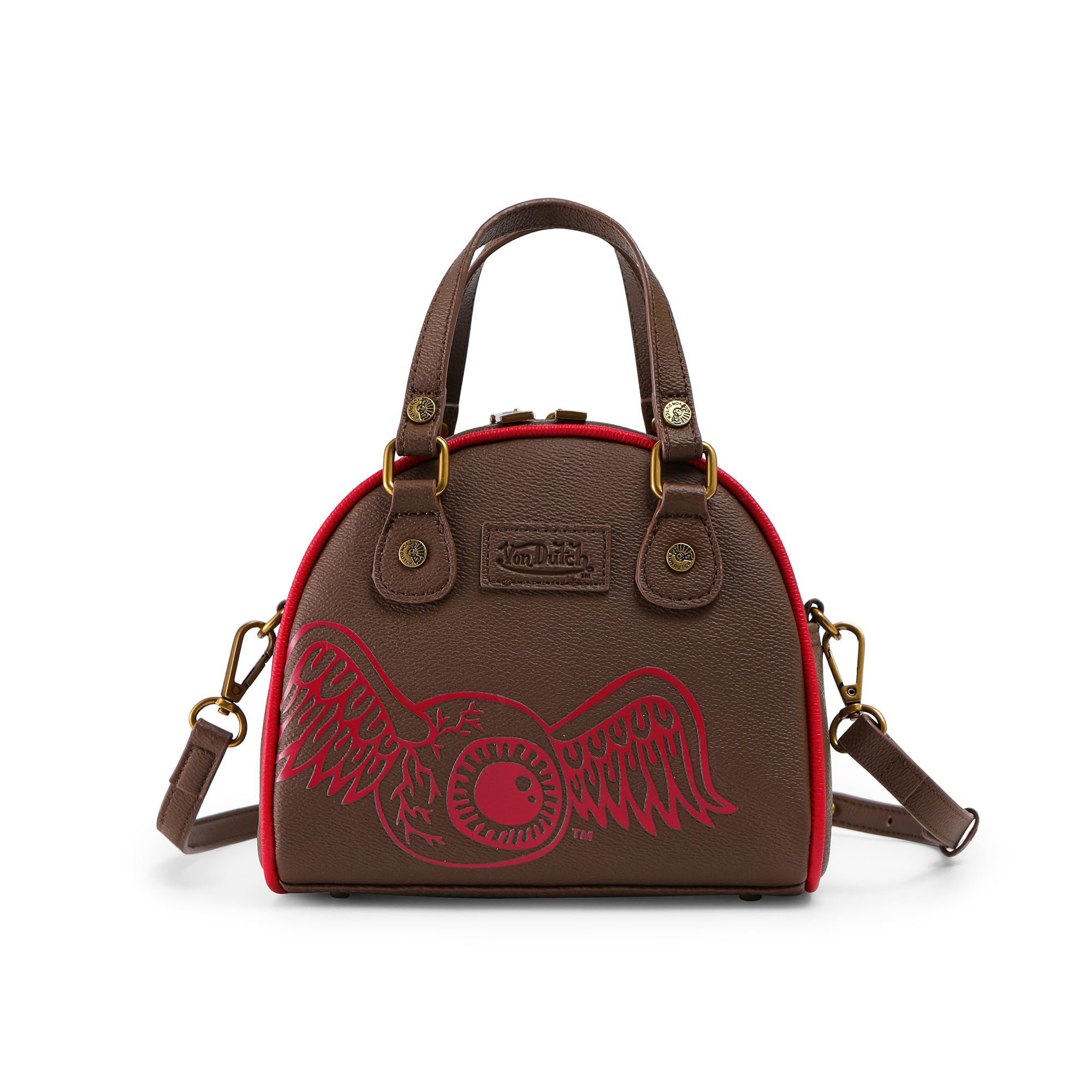 Von Dutch Womens Two Tone Bowling Bag Purse - Stylish Women's Handbag with Adjustable Strap, Spacious Interior, and Iconic Logo Design (Dark Brown and Red)