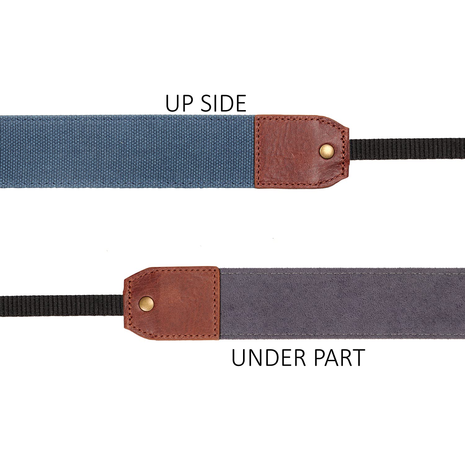 MegaGear Sangle d'épaule ou de Cou réglable en Toile et Cuir véritable (Marron/Bleu)