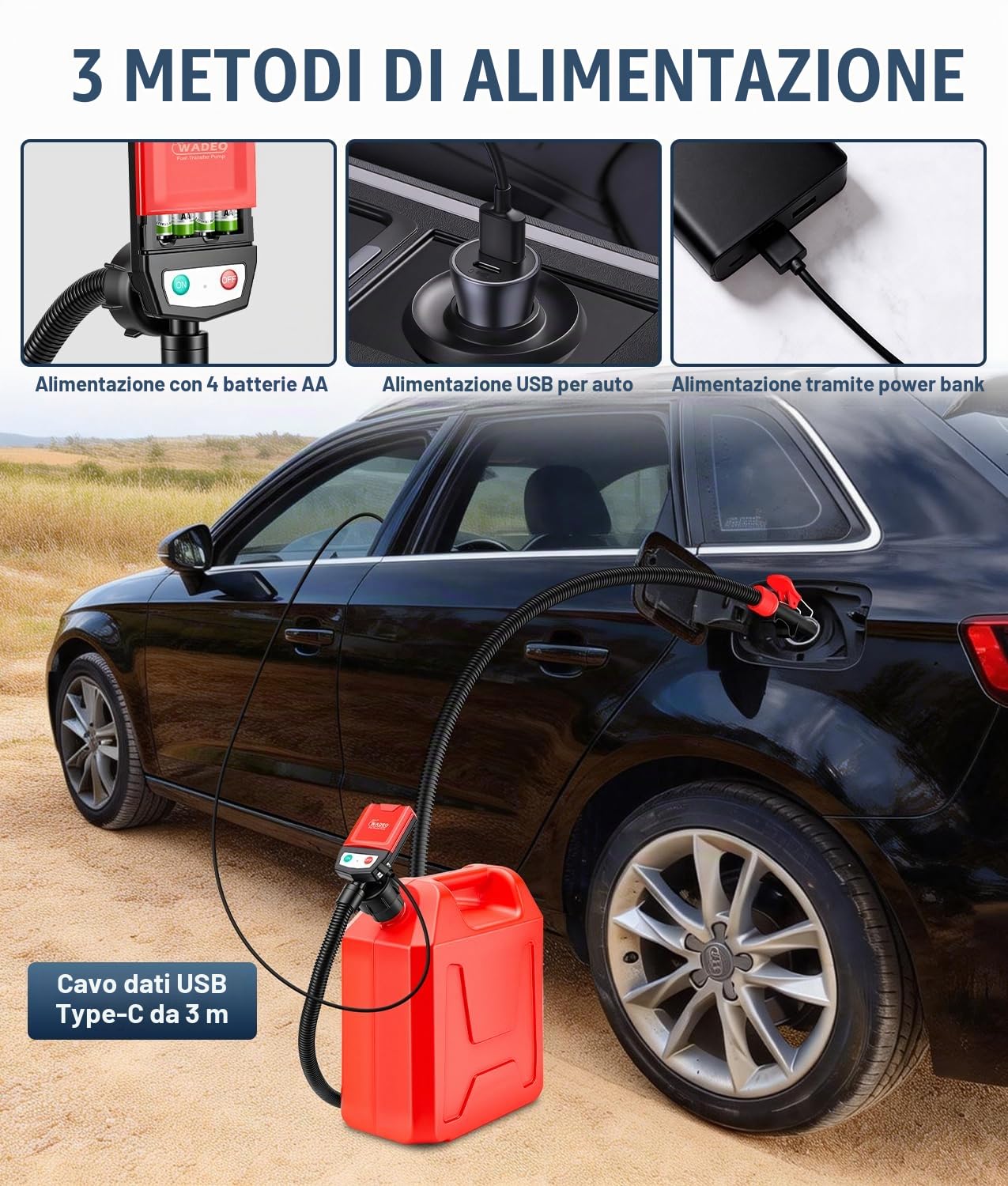 WADEO Pompa Travaso Benzina e Gasolio Elettrica 3.8GPM con Auto-Stop, 15L/Min, USB 3M, 4 Adattatori, Pompa Portatile per Carburante, Auto, Trattore, Barca