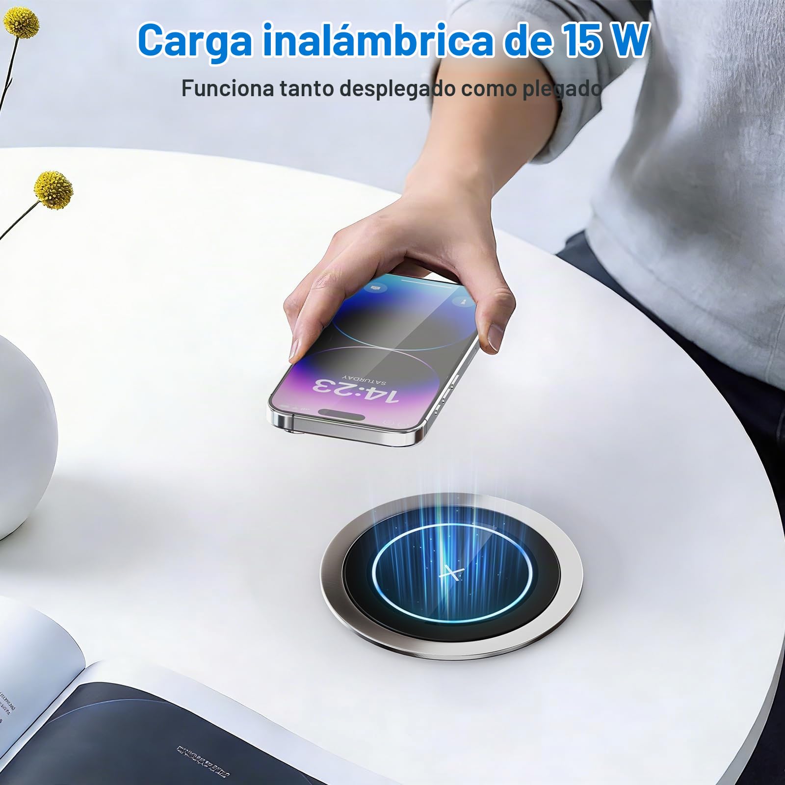 Enchufe empotrable con 2 USB-C 75W Total, 4 Tomas, Qi 15W, Ø100 mm | Regleta empotrable con 2 USB-A 45W+30W, apertura por presión, cable 1,8 m, cocina y encimera, negro