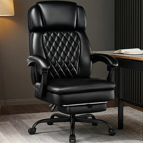 Miniatura 8 de Silla de oficina ejecutiva de 400 libras con reposapiés para personas pesadas, silla de escritorio ergonómica grande y alta con reposacabezas Negro