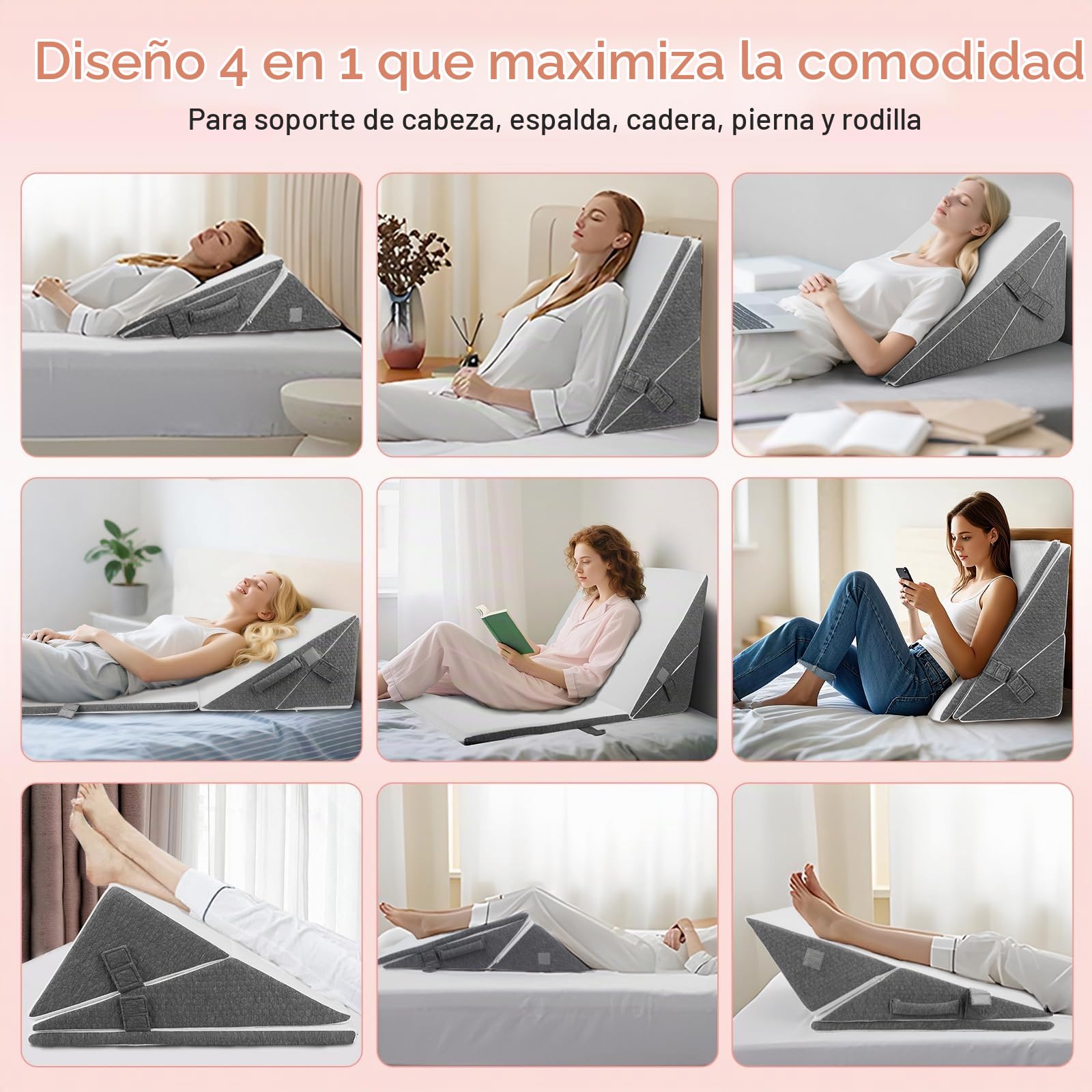 Almohada de Cuña, 3pcs Almohada Triangular Ajustable, Almohada Reflujo Ergonómico con Soporte Trasero, Cojín Inclinado Plegable para Apnea del Sueño, Reflujo ácido, Elevación de Las Piernas