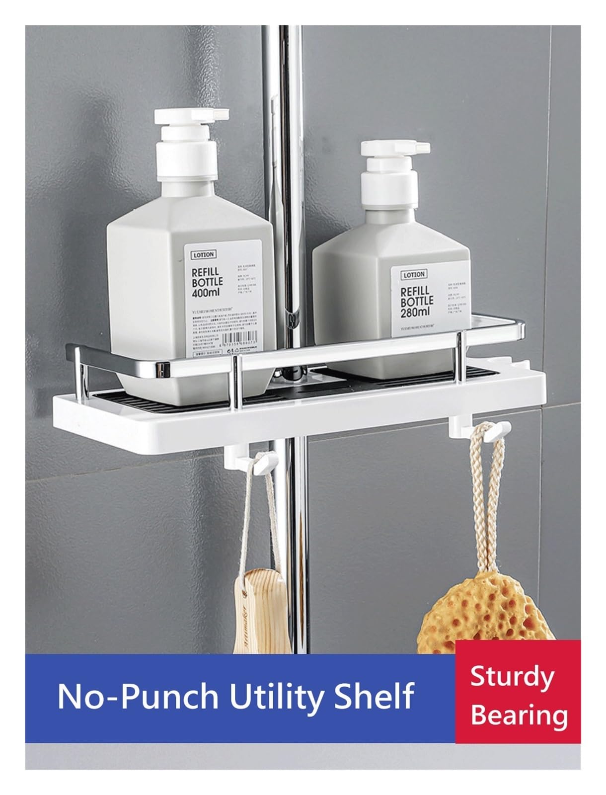 Mensola per bagno, supporto per doccia, asta portaoggetti, porta shampoo, supporto per asta di sollevamento senza foratura, supporto per soffione doccia, organizer(White circle hole)