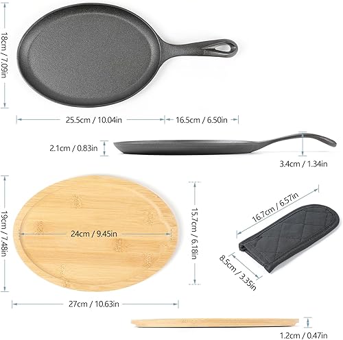 Vista 2 de HAWOK Plato de fajita de hierro fundido, 16.5 pulgadas de largo x 7.09 pulgadas de ancho, con bandeja de bambú y soporte para mango, pre-sazonado