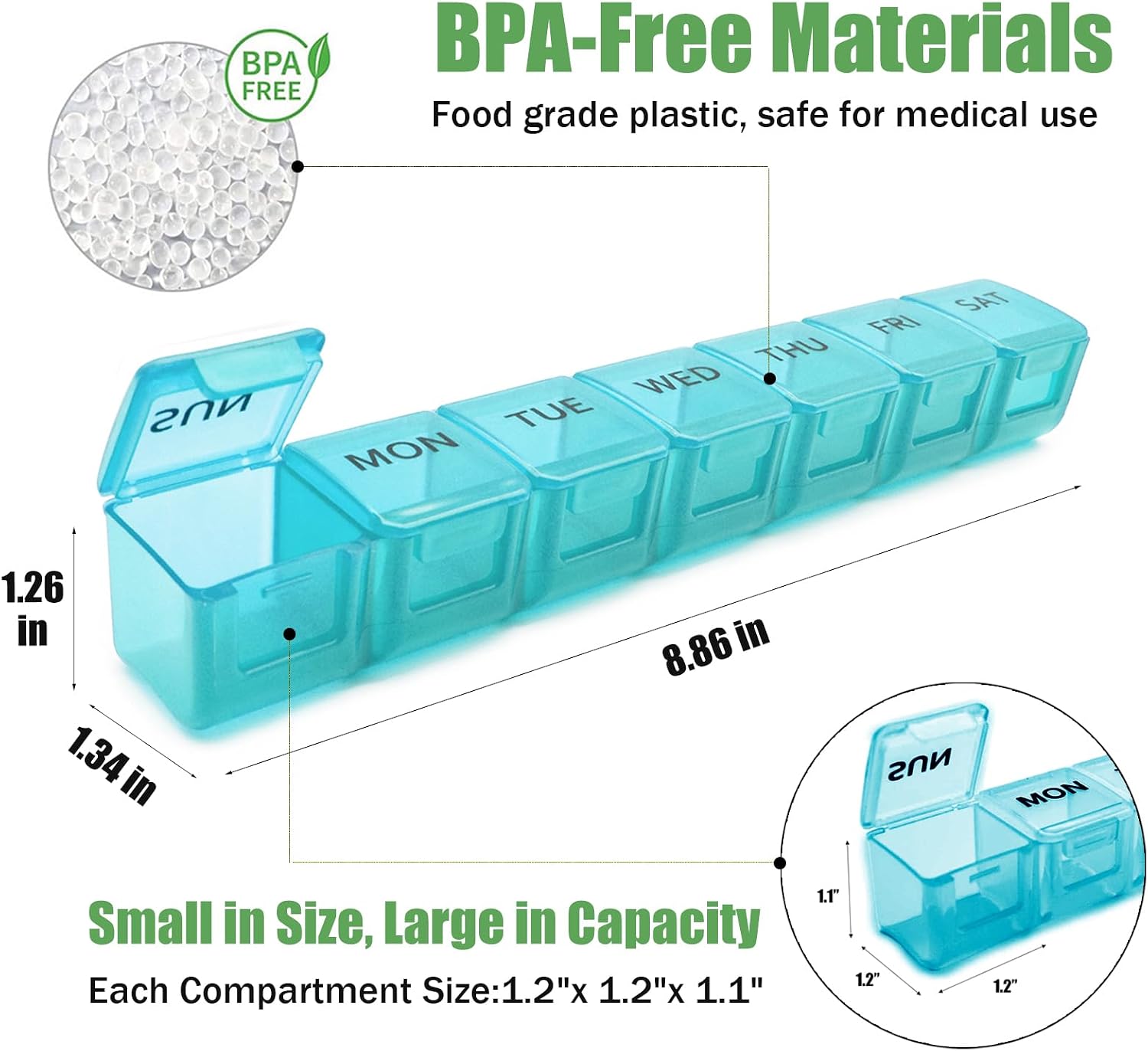 2 Pack Weekly Pill Organizer, Large 7 Day Travel Pill Case (Blue & Green)