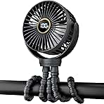 Portable Stroller Mini Fan, Small Rechargeable Personal Fan, Baby Travel Essentials for Wagon, Car Seat, Treadmill, Battery Powered Biking Gear Accessories, 360° Rotation, 3-Speed, Display, Black