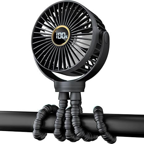 Portable Stroller Mini Fan, Small Rechargeable Personal Fan, Baby Travel Essentials for Wagon, Car Seat, Treadmill, Battery Powered Biking Gear Accessories, 360° Rotation, 3-Speed, Display, Black