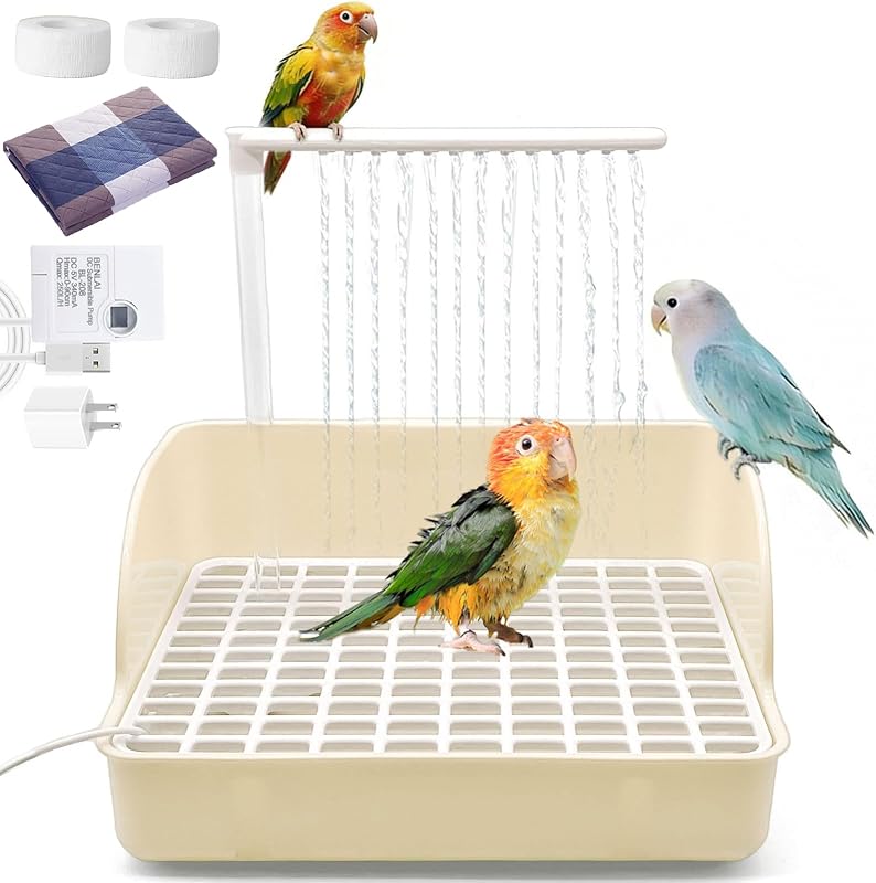 Automatic Parakeet Bird Bath with Pump,Parrot Shower Bathtub (Beige) | Circulating Water System Large Bird Fountain Bath Bathing Tub for Budgie Cockatiel Lovebird Conure