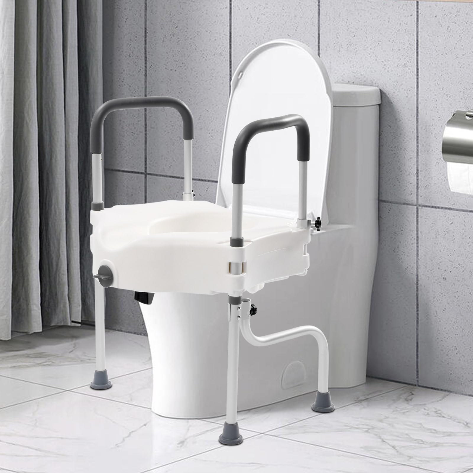 Rialzo per sedile WC con braccioli, 11 cm, rialzo per WC, 150 kg, altezza regolabile per anziani, telaio di supporto per il bagno