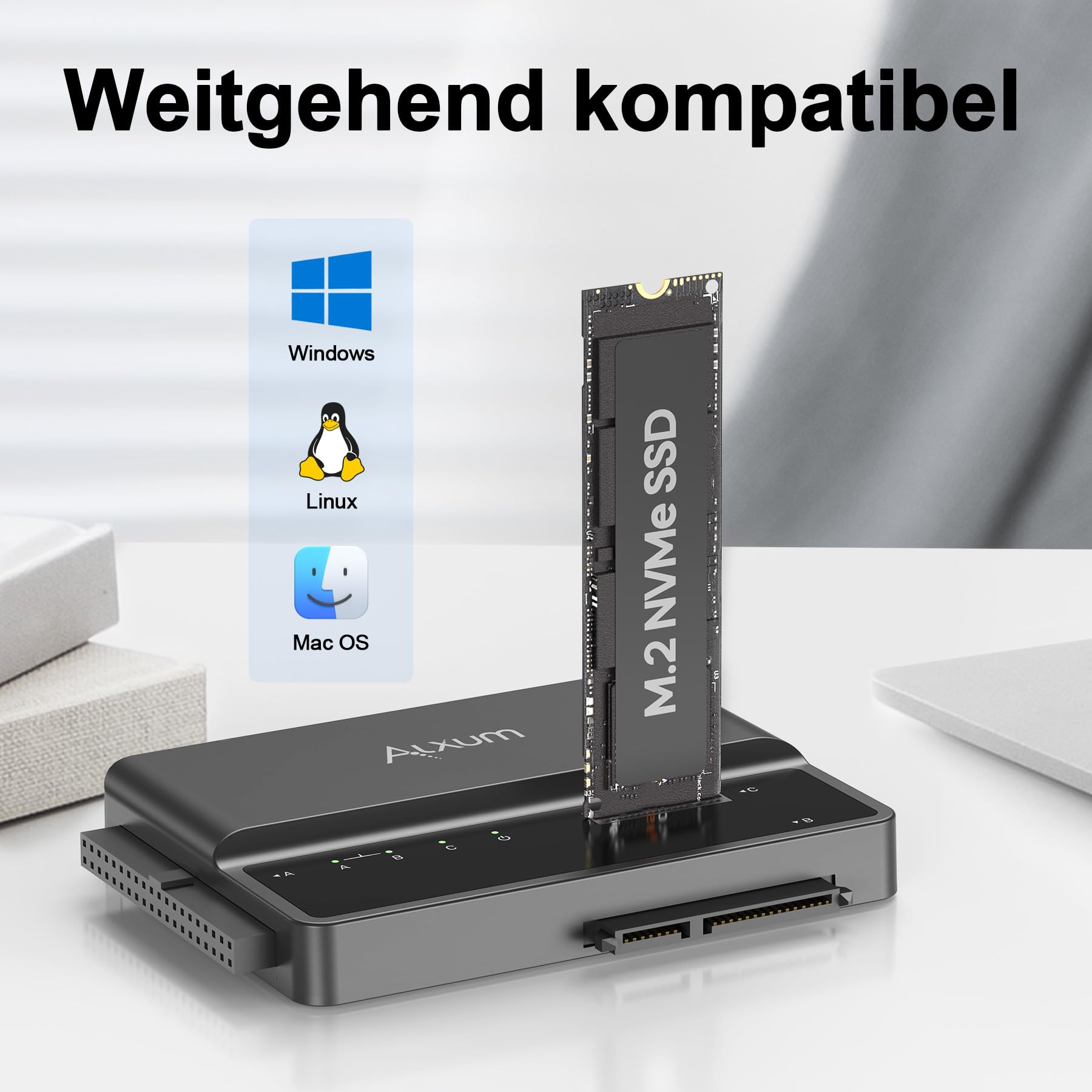 Alxum IDE SATA USB Adapter, USB 3.0 Festplatten Adapter mit Netzschalter für 2.5/3.5 Zoll SATA HDD & SSD M Key Festplatten Dockingstation, mit 12V/2A Netzteil und USB C Kabel