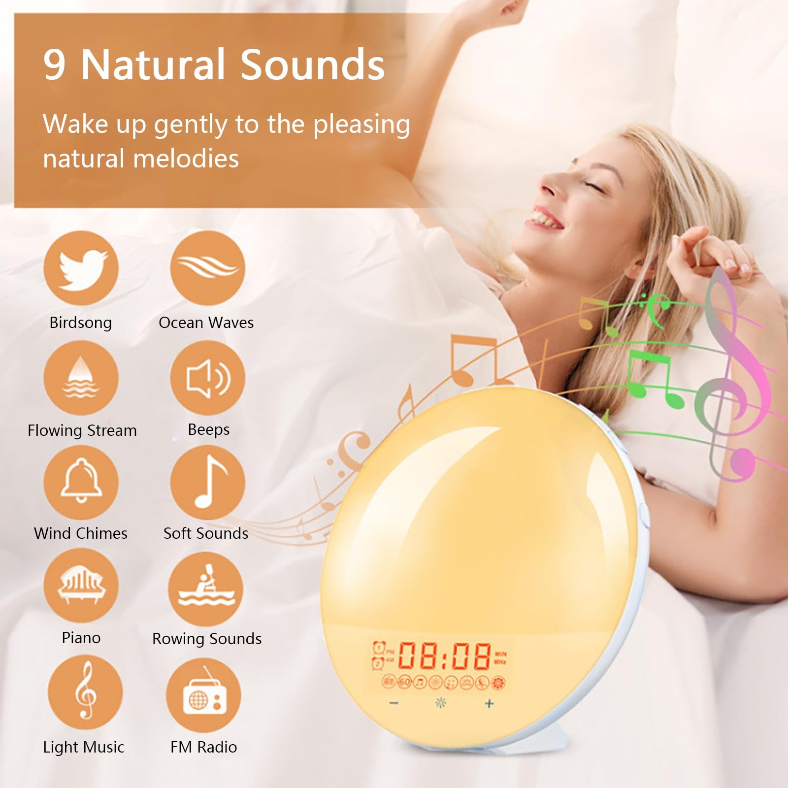 Réveil Lumineux avec Simulation Du Lever Du Soleil et Double Alarme, Veilleuse 7 Couleurs, Radio FM et Générateur De Bruit Blanc pour Un Réveil Naturel et Une Aide Au Sommeil