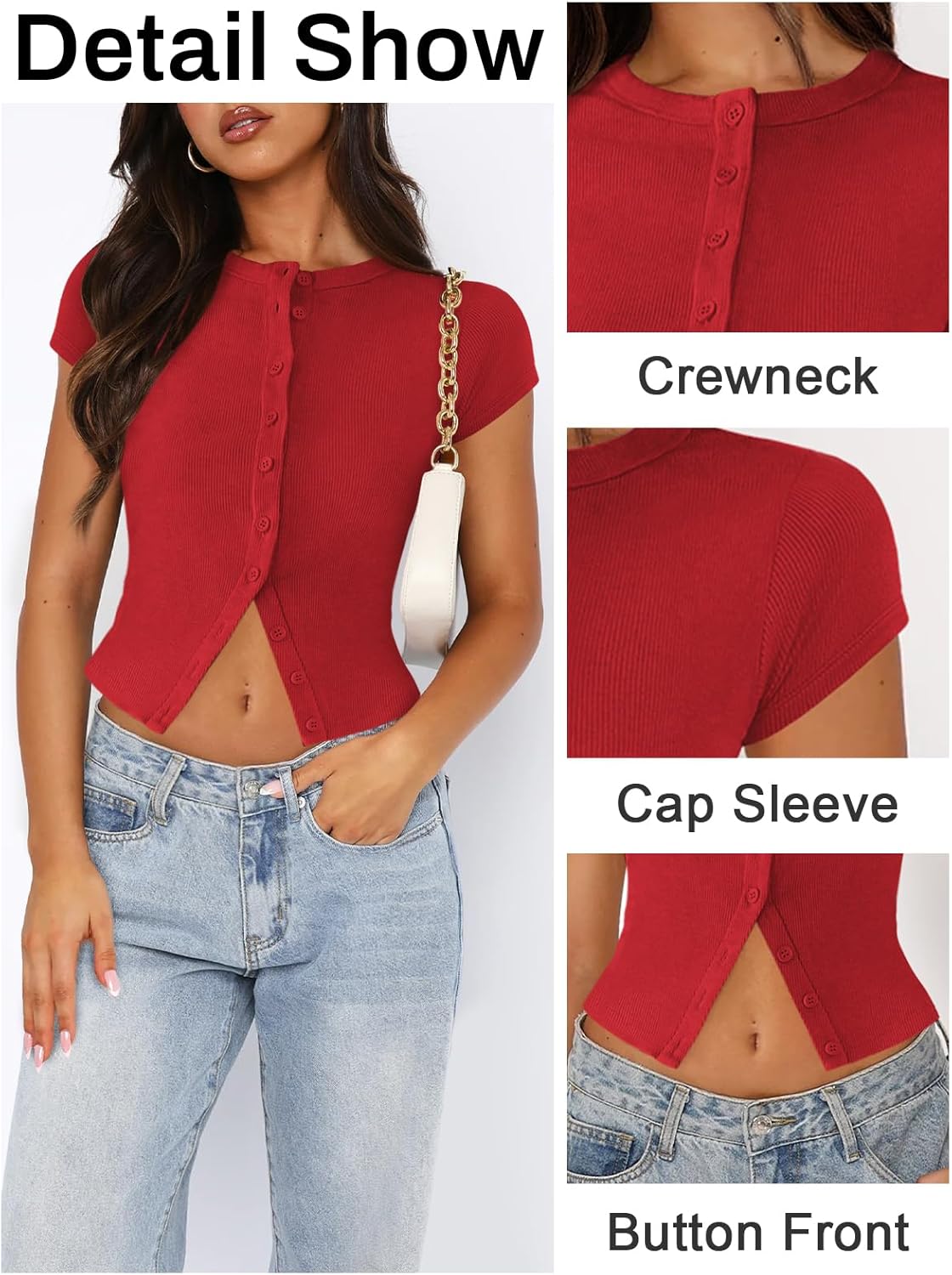 Women's Button Down Shirt Cap Sleeve Tops for Women Button Up Ribbed Knit Slim Fit Casual Y2K Crop Going Out Top - Image 4