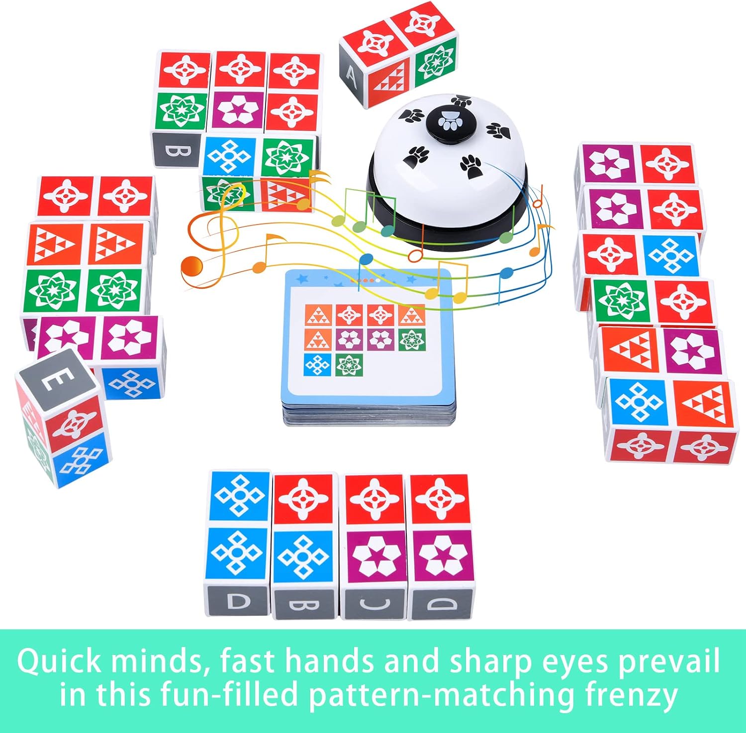 LADVATKIN Wooden Matching Game Puzzle Games, Shape Pattern Block Brain Game 2.0 with Bell for Family Night, Match Puzzles Building Cubes Toy Board Games for Kids and Adults