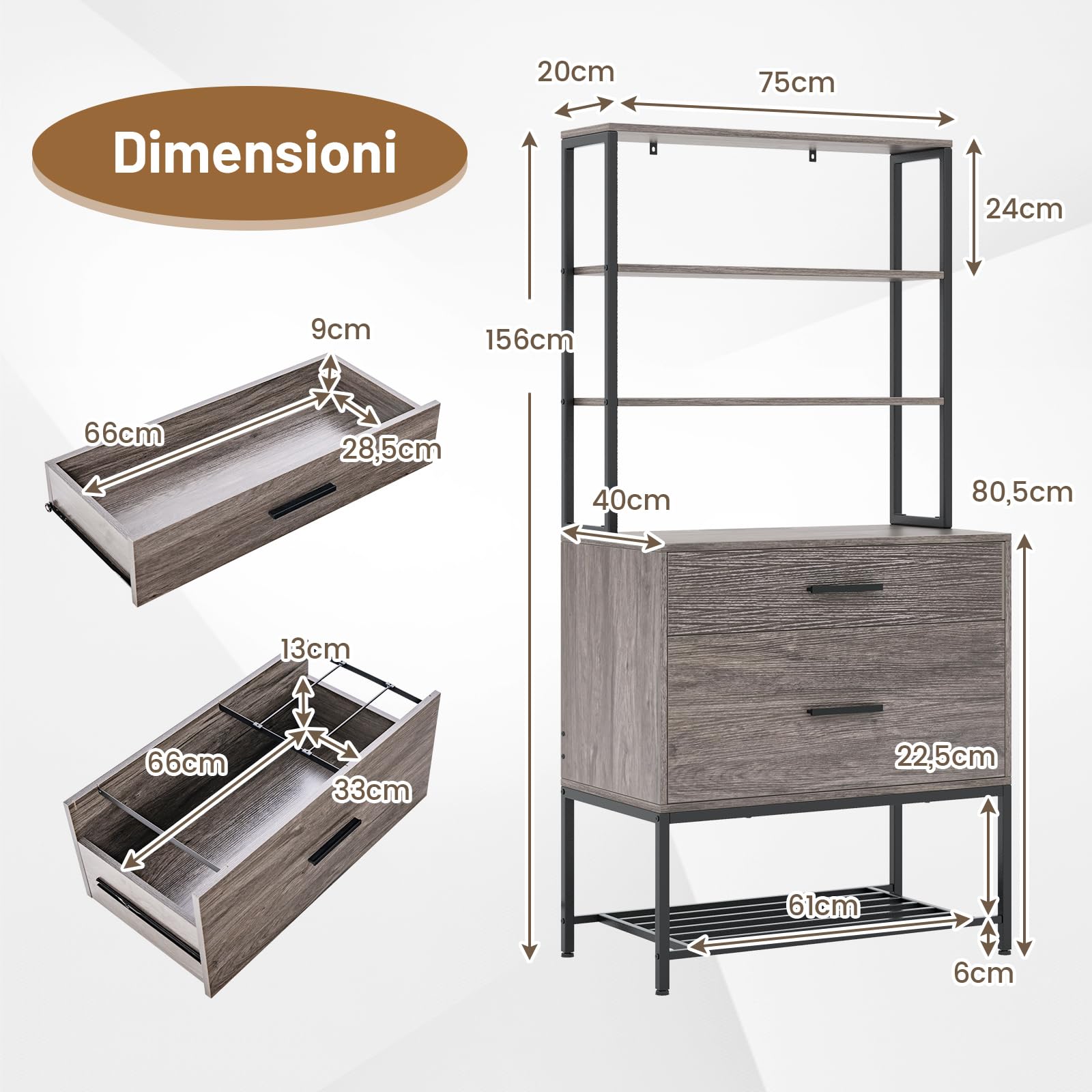 RELAX4LIFE Scaffale Libreria a 5 Livelli, Suppoto per Stampante, Mobile Portadocumenti Schedario da Ufficio, Armadietto Multifunzionale per Soggiorno, Studio, Camere da Letto (GRIGIO)