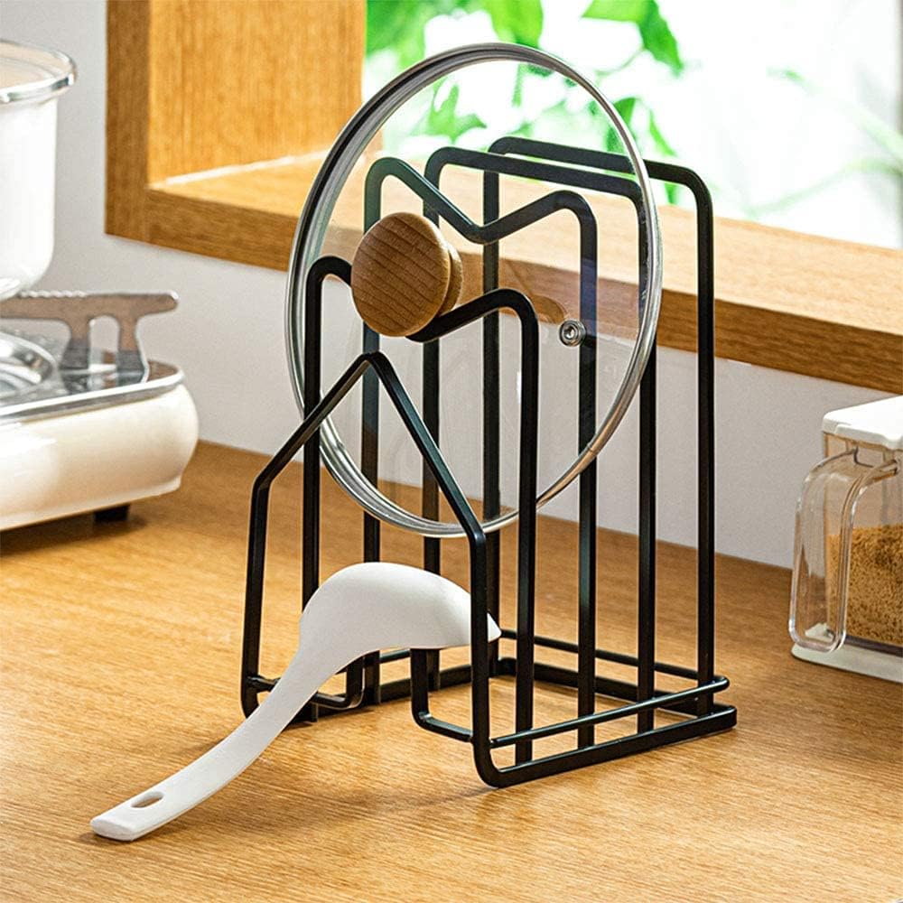LINFIDITECutting Board Rack Pot Lid Holder Chopping Board Organizer Stand Holder Kitchen for Cookware Storage Freestanding Stand for Pans Lids,Chopping Board,Lids and Crockery 12.5x14.5x21.5cm Black