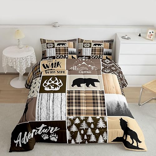 Miniatura 8 de Juego de edredón rústico para niños, tamaño Queen, diseño de retazos de ciervos, cuernos de oso, patas de oso para decoración de habitación de
