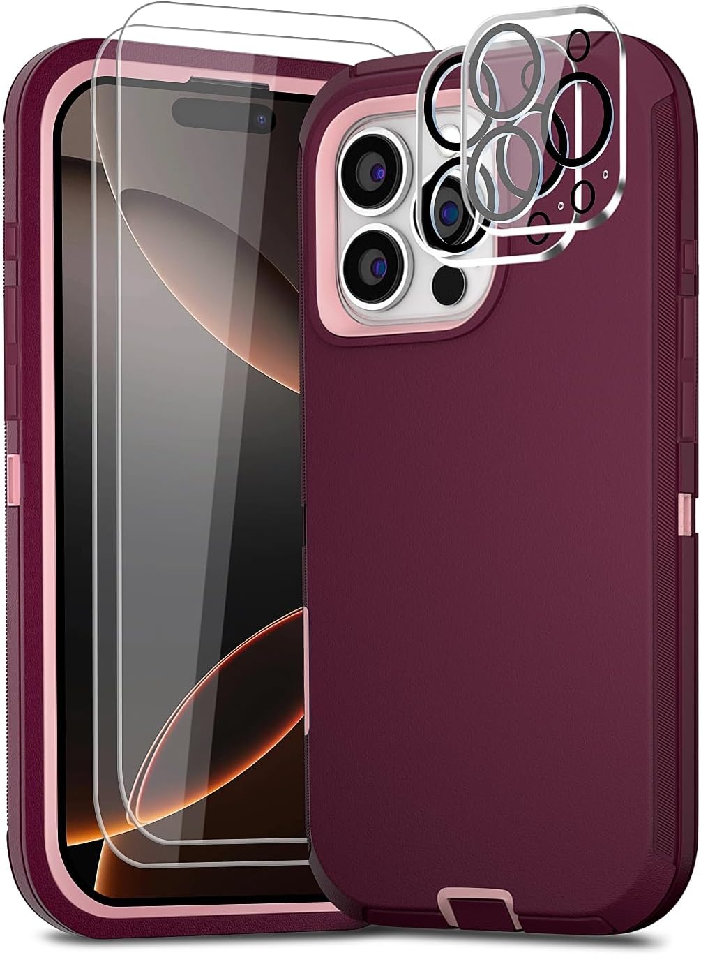 for iPhone 16 Pro Case 6.3" with 2 Screen Protector & 2 Camera Lens Protector, Full Body Protection Heavy Duty Case Cover (Wine Pink)