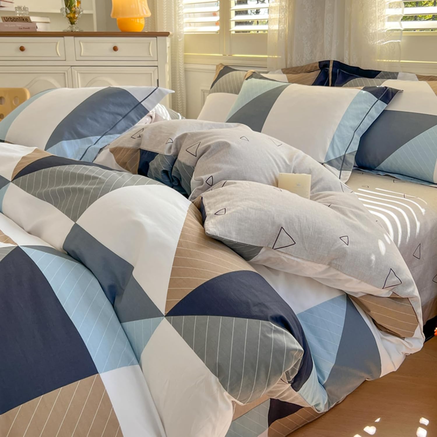 100% Pure Washed Cotton Blue Gingham Duvet Cover Beddin Set King Size Bedding Set Feel Super Soft Comfy Vintage Plaid Comforter Cover Set(Comforter Not Included qiqiaoban, King)