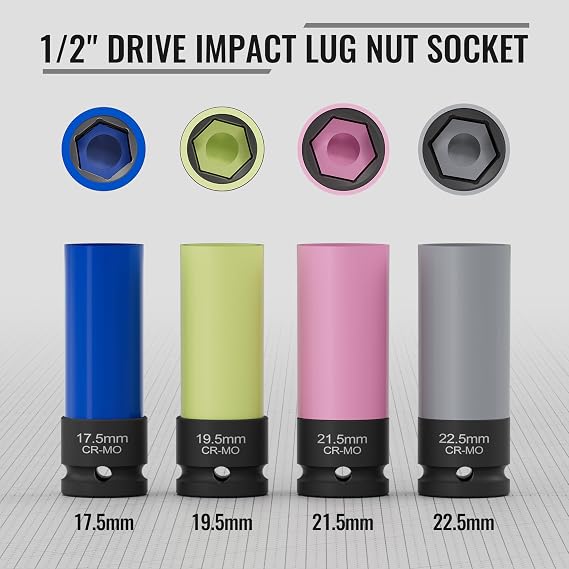 4-Piece 1/2 inch Drive Thin Wall Impact Sockets (17.5, 19.5, 21.5, 22.5mm), Non-Marring Design for Swollen or Seized Wheel Nuts, CR-MO Steel