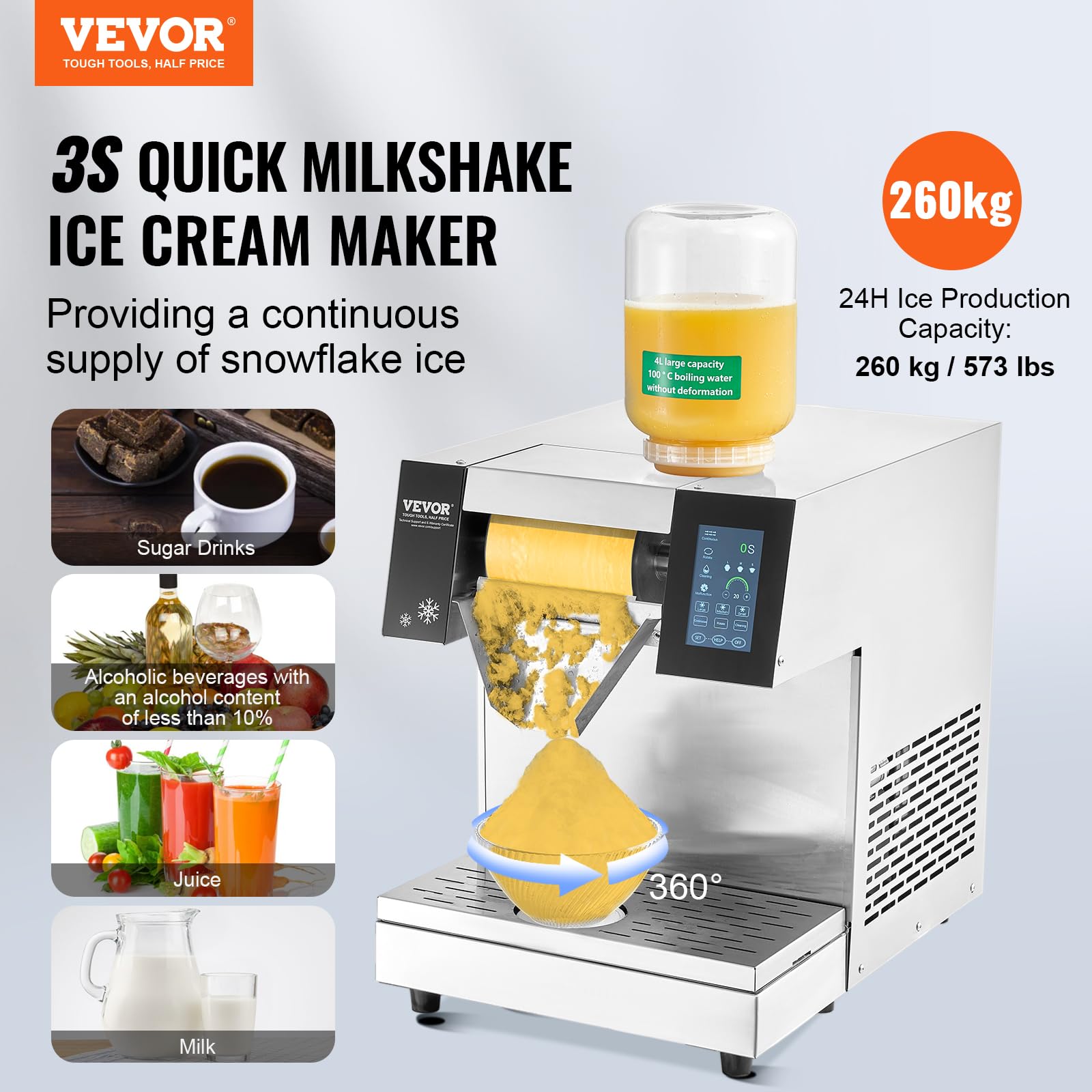 VEVOR Machine à Glace Râpée de Neige Commerciale, Machine à Râper la Glace 260 kg/24H, en Inox, Système de Refroidissement par Air, Dissipation Thermique Rapide, pour Dessert Boulangerie Café