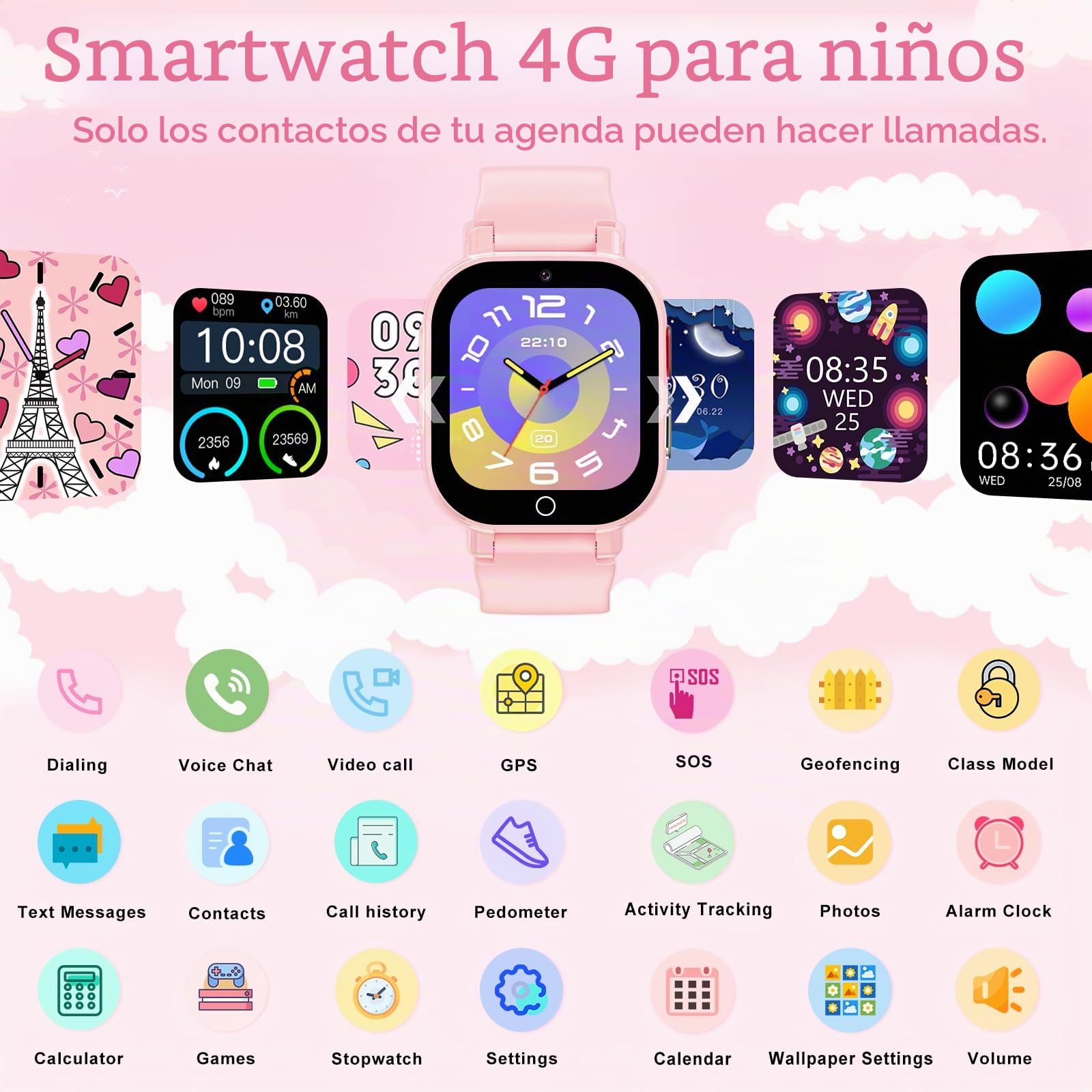 Reloj Inteligente Niño 4G, Smartwatch Niños con GPS y Teléfono, Videollamadas, SOS, Chat de Voz, Modo Escuela, Despertador, Juegos, Podómetro, Reloj Inteligente Niñas Niños 4-12 Regalo (Rosa)