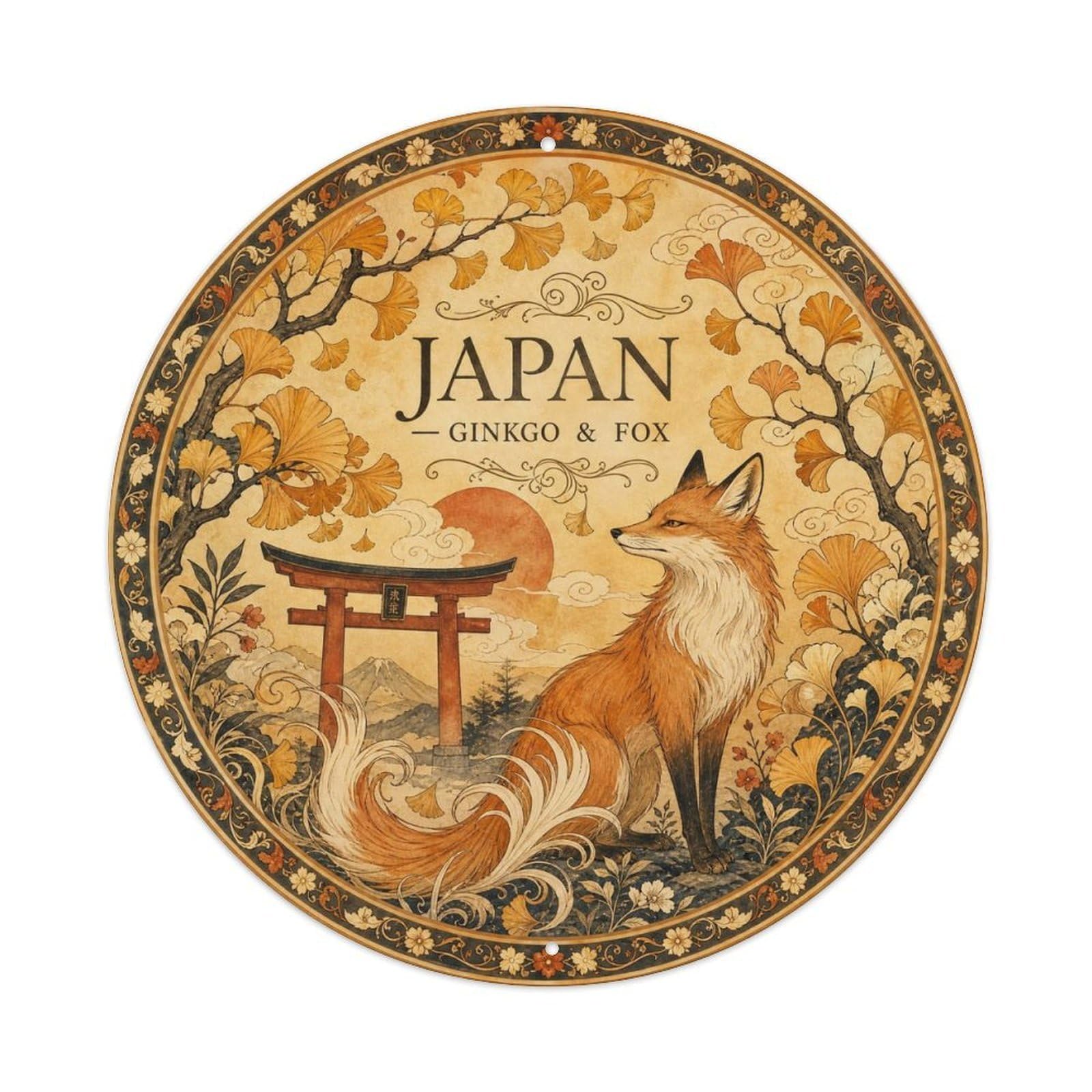 Olyhtr 8X8inch Classic Style Taisho Japan Ginkgo Fox Ceramic Folk Pattern Metal Tin Sign