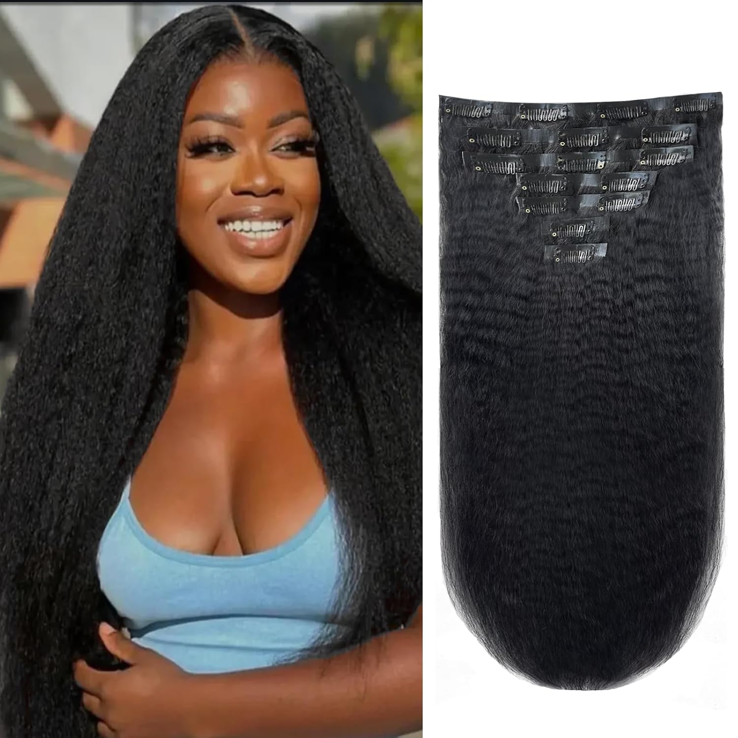 Kinky Straight Seamless Clip in Hair Extensions Human 7Pcs 120g 16 Inch Natural Black Brazilian Remy Hair for Women