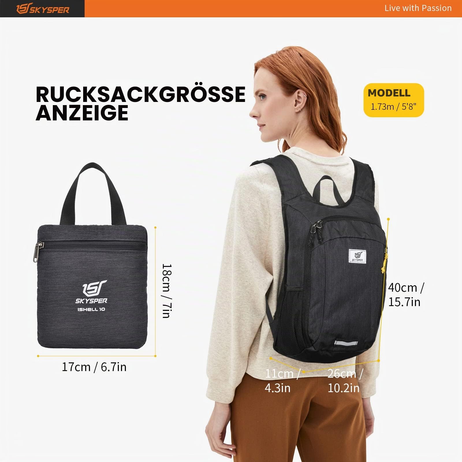 SKYSPER 10L Faltbarer Rucksack Ultraleicht Tagesrucksack Wasserfest Daypack Reiserucksack Wanderrucksack für Wandern Reisen Städtetrips