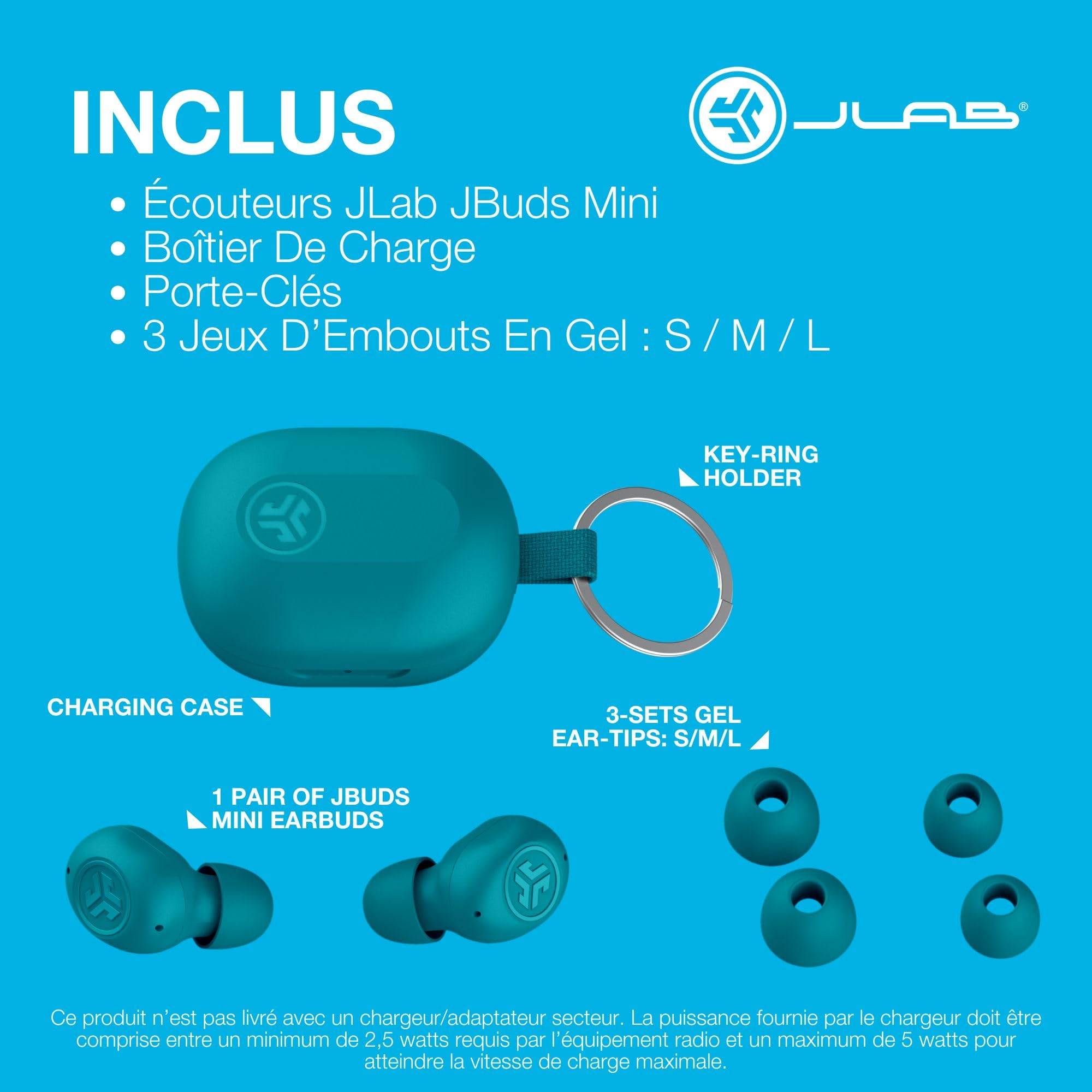 JLab JBuds Mini Ecouteurs Bluetooth sans Fil, Ecouteurs sans Fil, Écouteurs avec Micro et Boîtier de Charge USB, Oreillette, Jusqu'à 20+ Heures d'Autonomie, Son Personnalisé EQ3, Turquoise