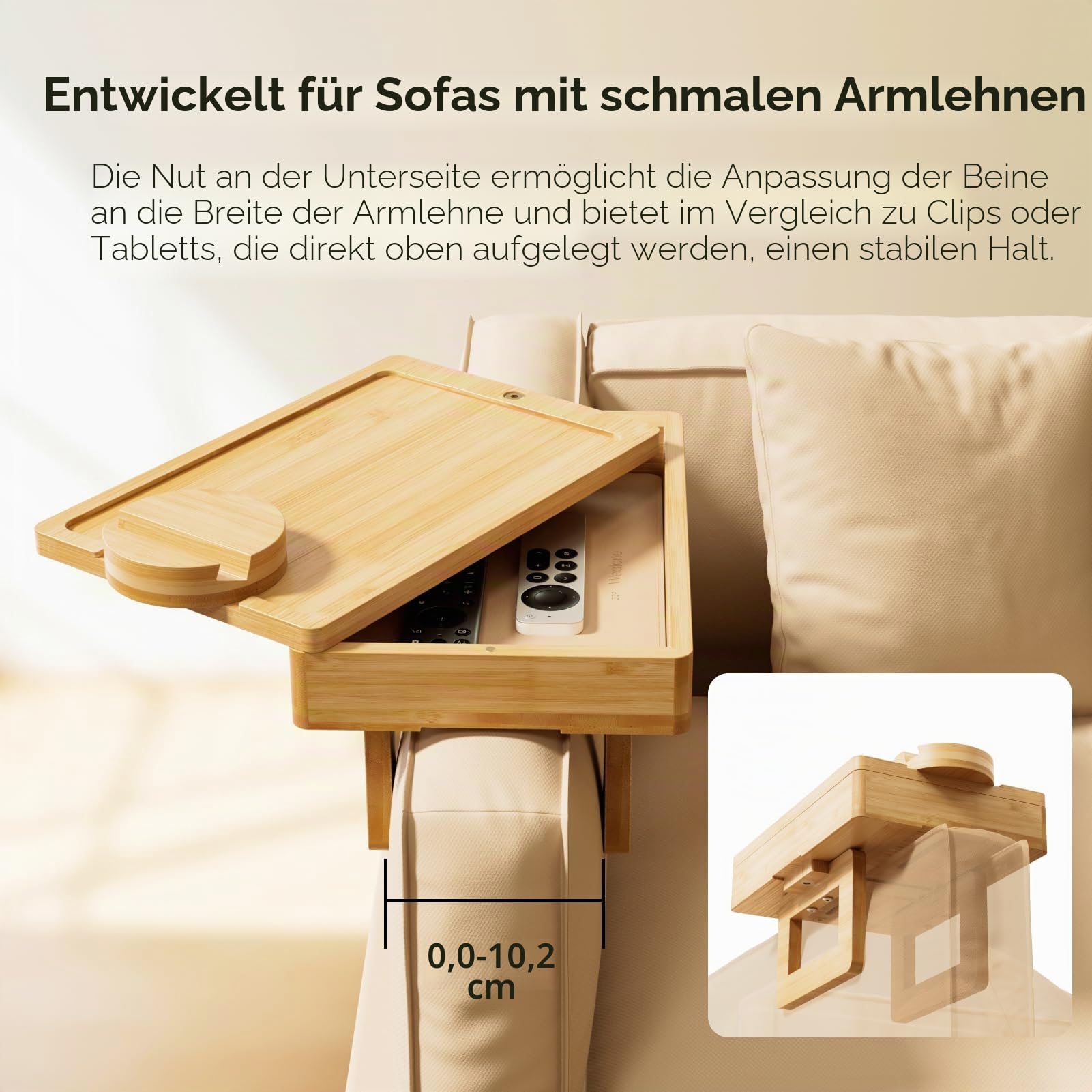 Wealone Mini Sofatablett, Couch Ablage für Armlehne mit Aufbewahrungsbox, Sofa Armlehnen Tablett, 360° Drehbarem Handyhalter, Bambus Tablett für Getränke, Snack, Armlehne ≤18 cm Breit