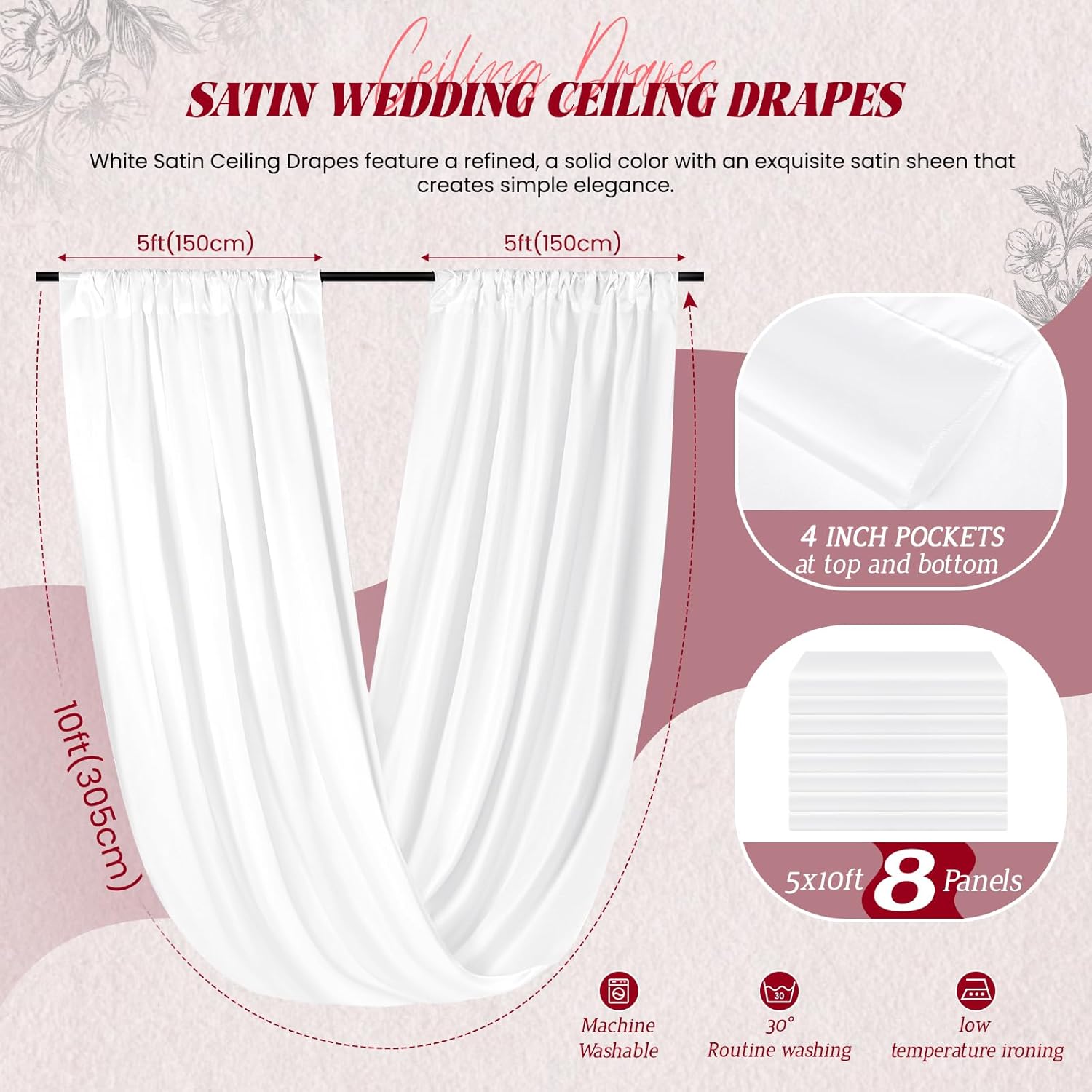 8 Panels White Ceiling Drapes for Wedding 5ftx10ft Arch Draping Fabric Premium Smooth Satin Drapery Decorations for Party Ceremony Stage Swag