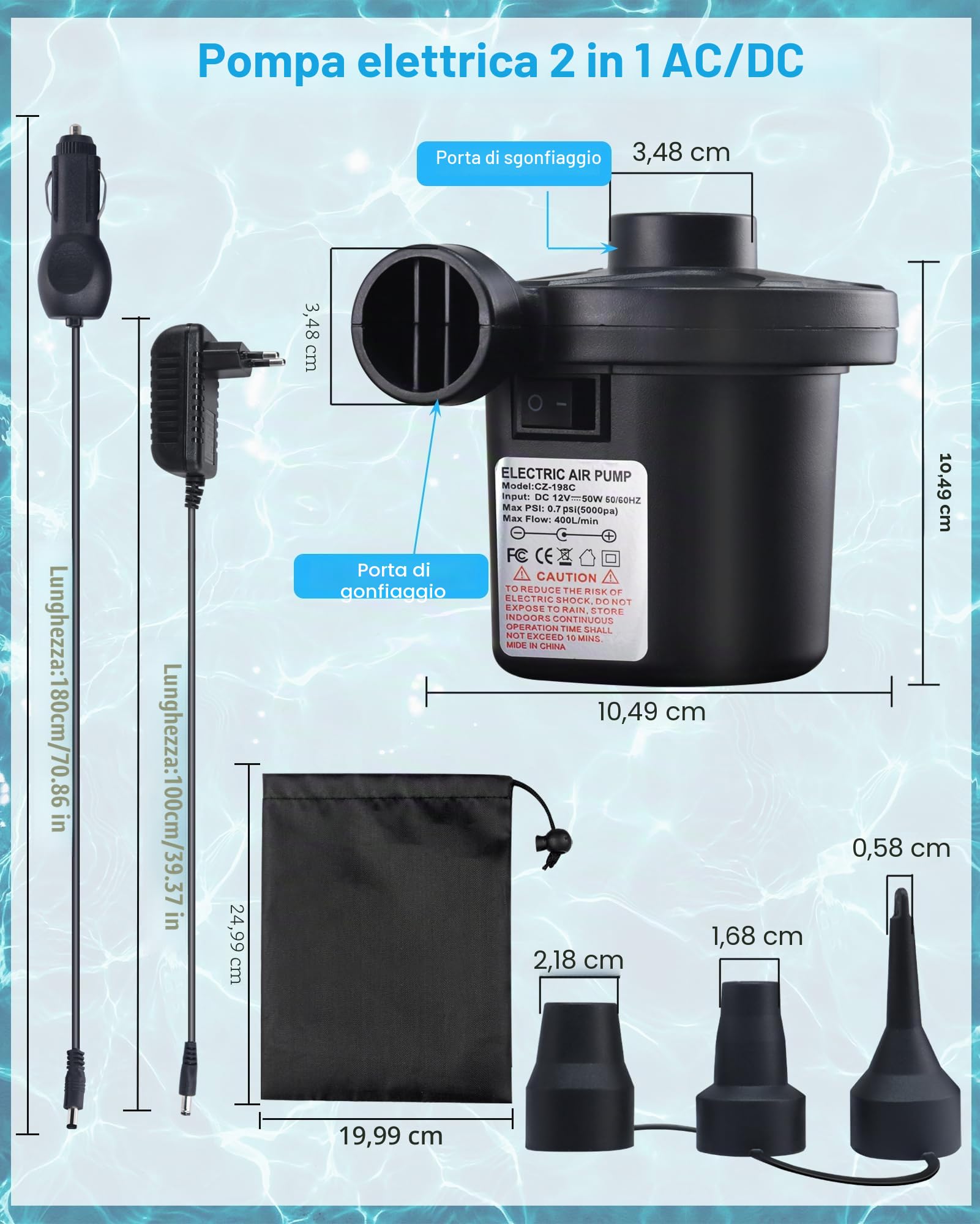 Pompa ad aria elettrica, pompa ad aria per materasso ad aria 2 in 1, pompa elettrica gonfiabile e sgonfiabile, pompa ad aria portatile per materasso, piscina, materasso ad aria, barca galleggiante