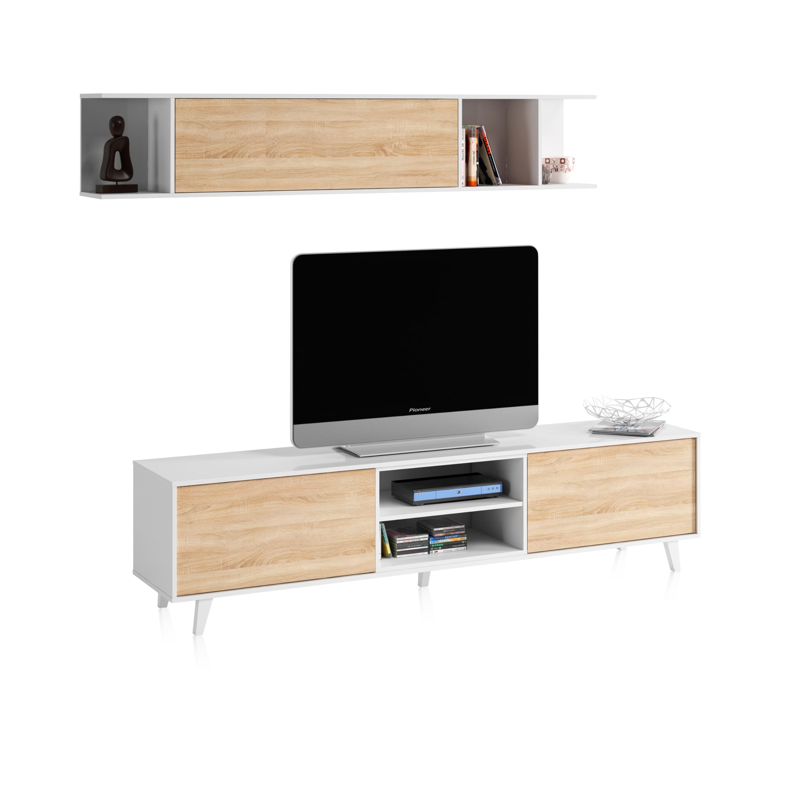 duehome | Mueble de salón, Comedor, Módulo TV + Estante, Modelo Niva, Color Blanco Brillo y Roble Canadian, Medidas: 180 cm (Ancho) x 51 (Alto) x 41 cm (Fondo)