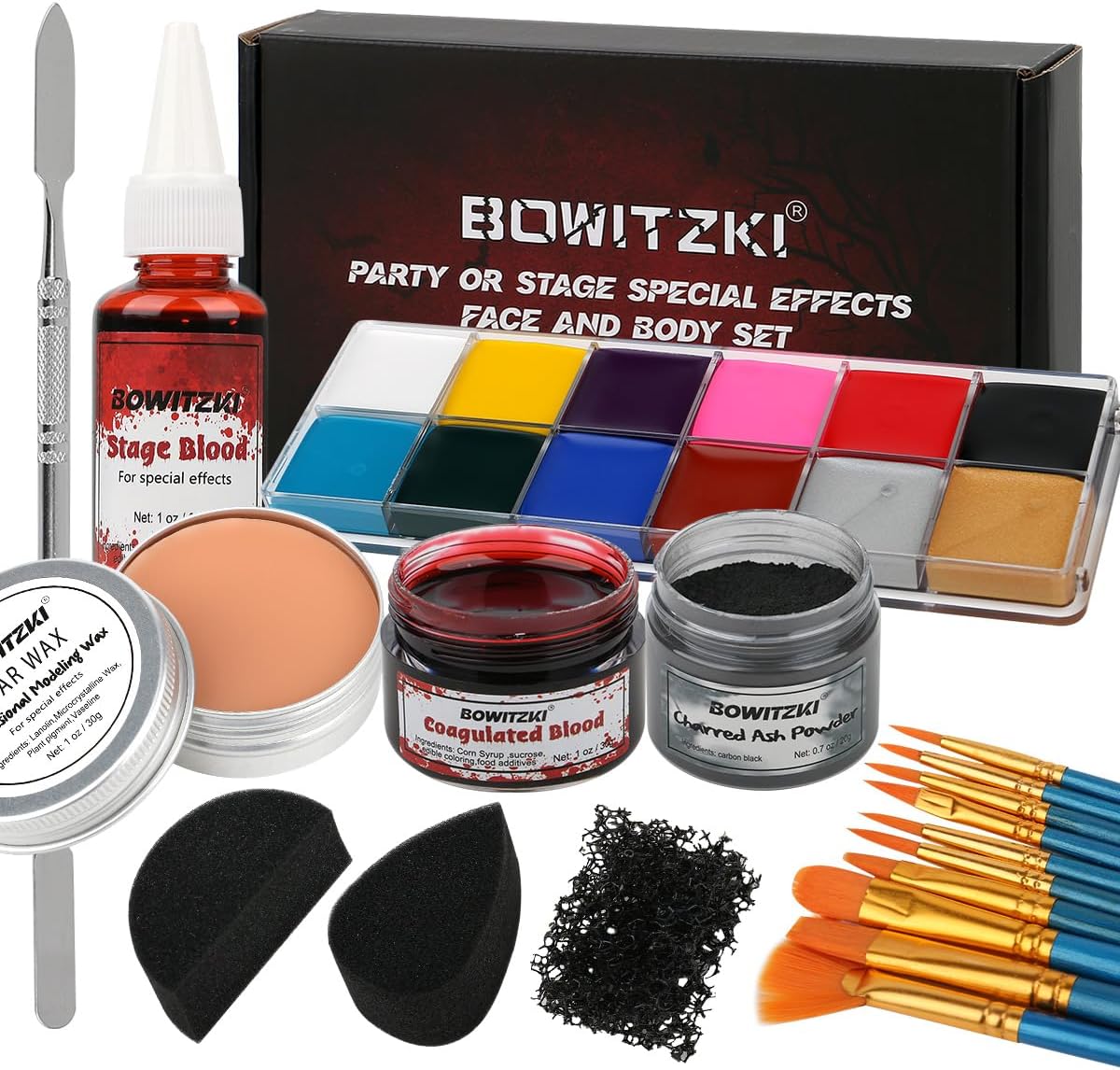 Bowitzki Halloween Makeup Kit Oil Based Face Body Paint Cream Makeup SFX Painting Clear Fake Stage Blood Brush Sponges Painting Special Effects FX Zombie Vampire Monster Scar Wound Christmas Party