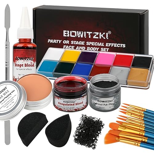 Bowitzki Maquillaje de Halloween Efectos especiales Aceite Cara Cuerpo Pintura Falso Cera Cera de Cicatriz de Sangre Carbonizada Polvo con Esponjas