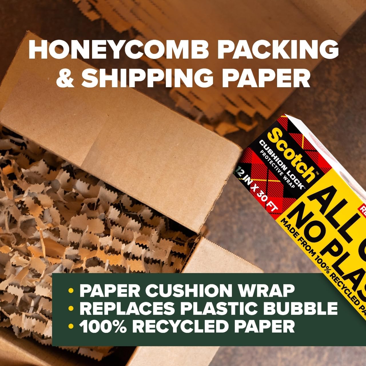 Scotch Cushion Lock Protective Wrap, 12 in. x 30 ft., Replaces Plastic Bubble, Cushions and Conforms to Secure and Protect, Sustainable Packaging Solution for Packing, Shipping and Moving, 1 Wrap