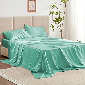 Love's cabin Twin Satin Sheets Sets - 3 Piece Aqua Silky ed Sheets with Deep Pockets, Luxury Silk Feel Satin Twin Size Sheet Set Bedding Set (1 Flat Sheet,1 Fitted Sheet,1 Pillow case)