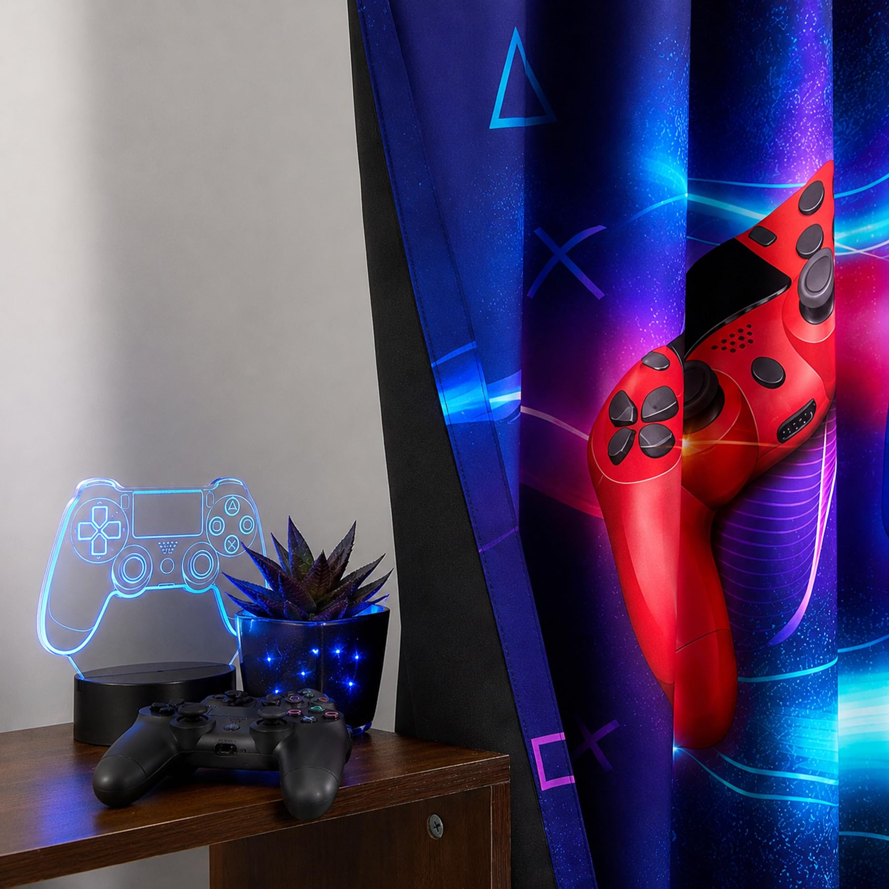 YONGFOTO Rideaux Occultants Gamer pour Chambre d'enfant Garçon Manette | Rouge Néon Bleu Jeu Vidéo Gaming Esports Rideaux Thermiques pour Chambre d'Adolescent avec Œillets 2 Panneaux 117 x 138 cm