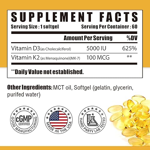 Miniatura 8 de Suplemento de vitamina D3 K2 con aceite MCT, vitamina D3 5000 UI y K2 100 mcg Softgel, suplemento de apoyo para la salud ósea y cardíaca, sin
