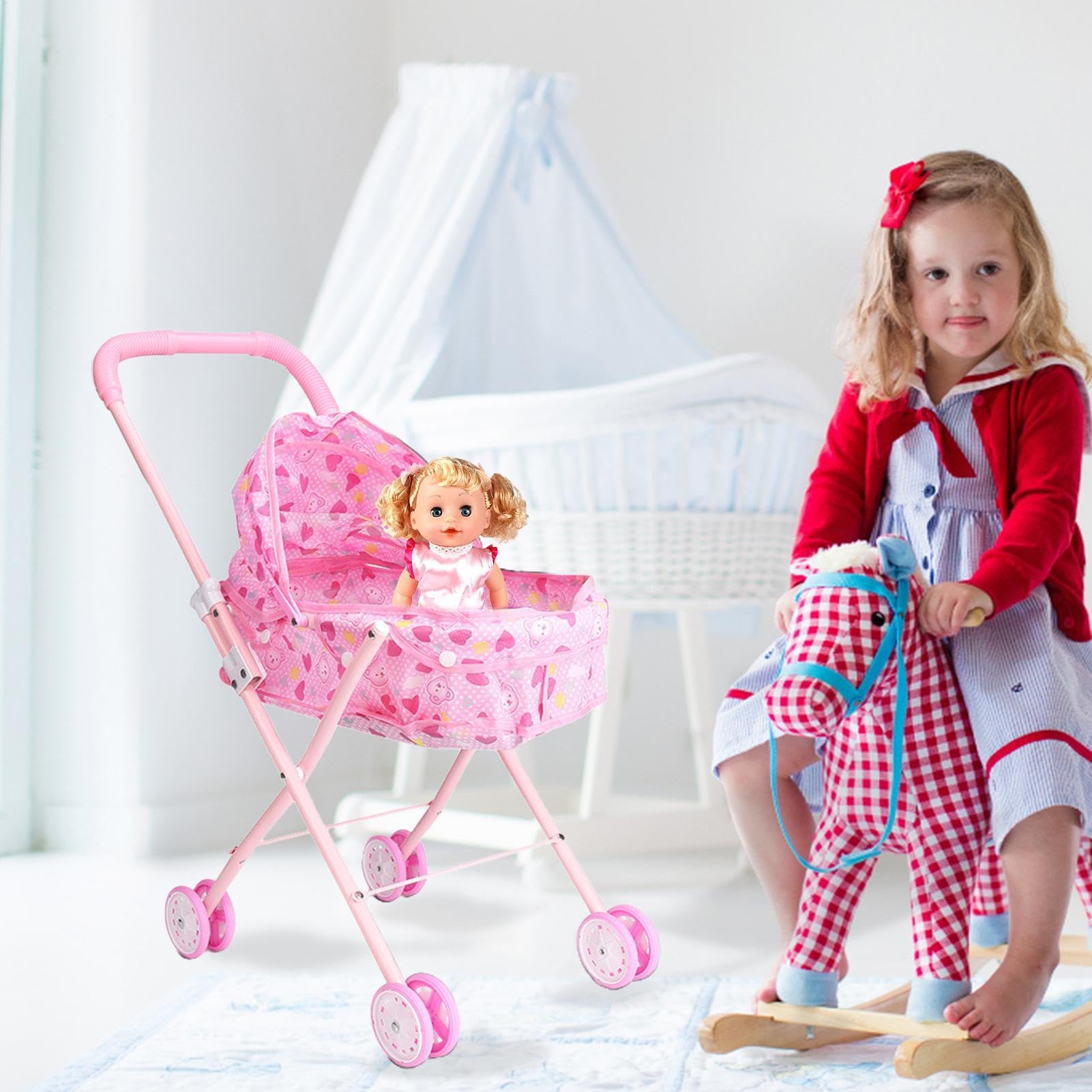Babypuppenwagen, Puppenbuggy für Kinder, Puppenbuggy, Faltbarer und Leichter Puppenbuggy mit Korb, Puppenbuggy für Rollenspiele