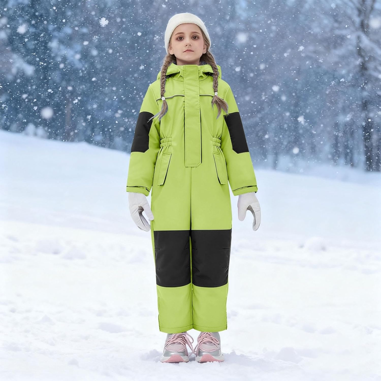 YRAETENM Kids Snow Suit Girls Boys One Piece Snowsuit Outdoor Hooded Waterproof Ski Suit Insulated Winter Jumpsuit Coveralls