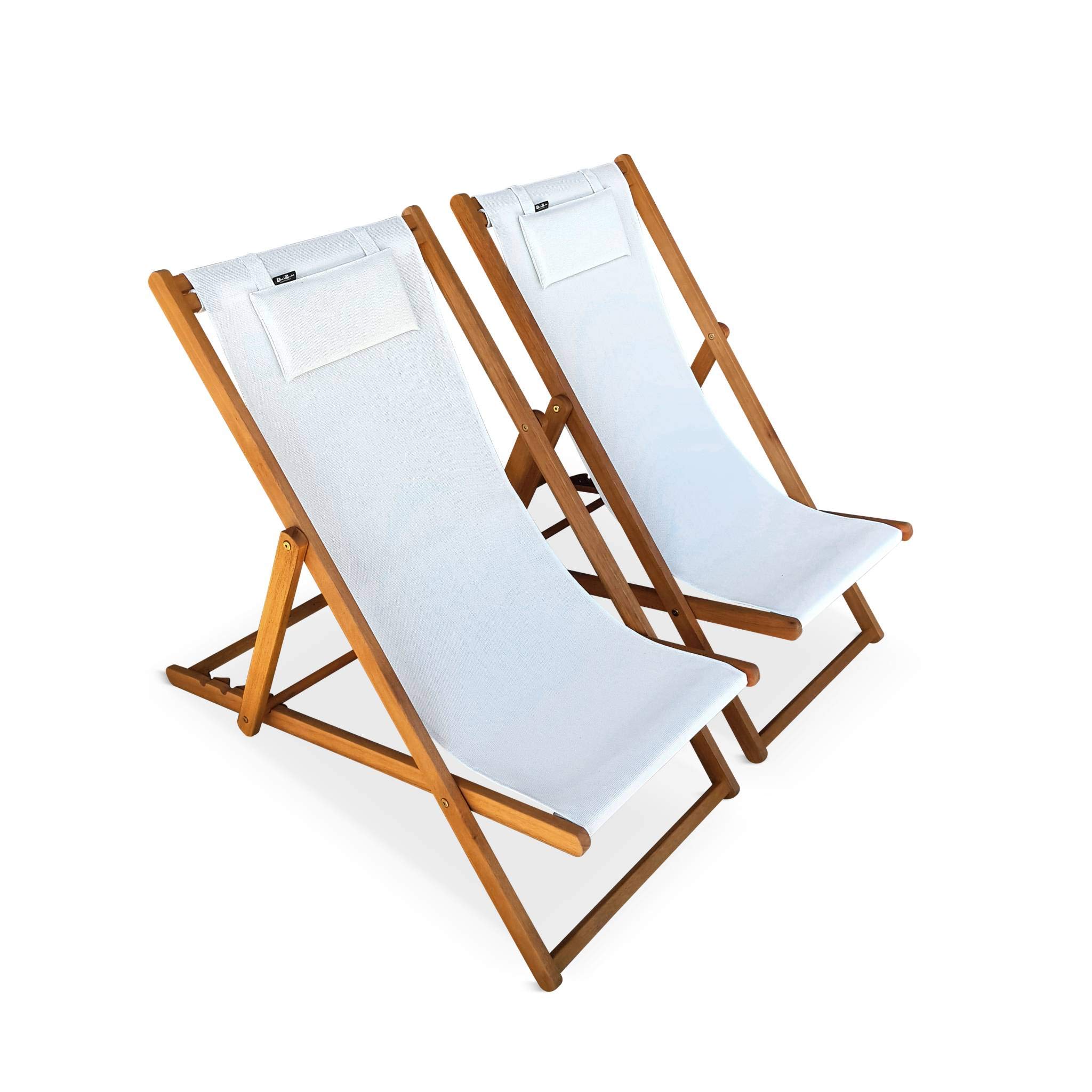 Alice's Garden - Chiliennes Bois - Creus - 2 transats en Bois d'Eucalyptus huilé avec Coussin Repose-​tête Blanc