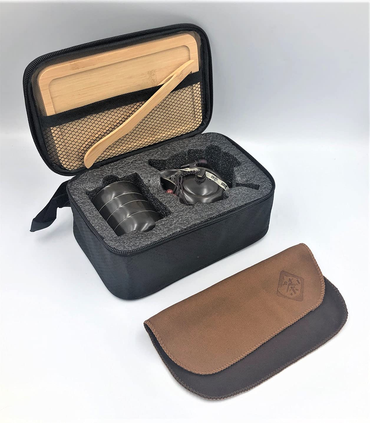 Smart home Portable Travel Ceramics Kungfu Tea Set, Handmade Chinese/Japanese Vintage, Porcelain Teapot & 4 Teacups with Storage Bag (Dark Brown)