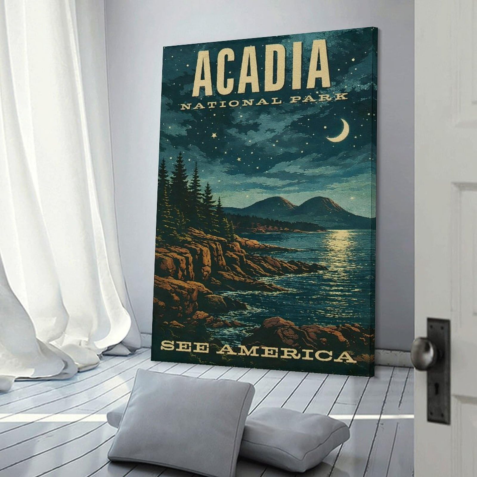Junmoney Acadia National Park Vintage Canvas Art Print, 20x30inch(50x75cm), for Restful Interiors, Bedrooms Or Small Rooms, A Warm Accent for Relaxed Interiors