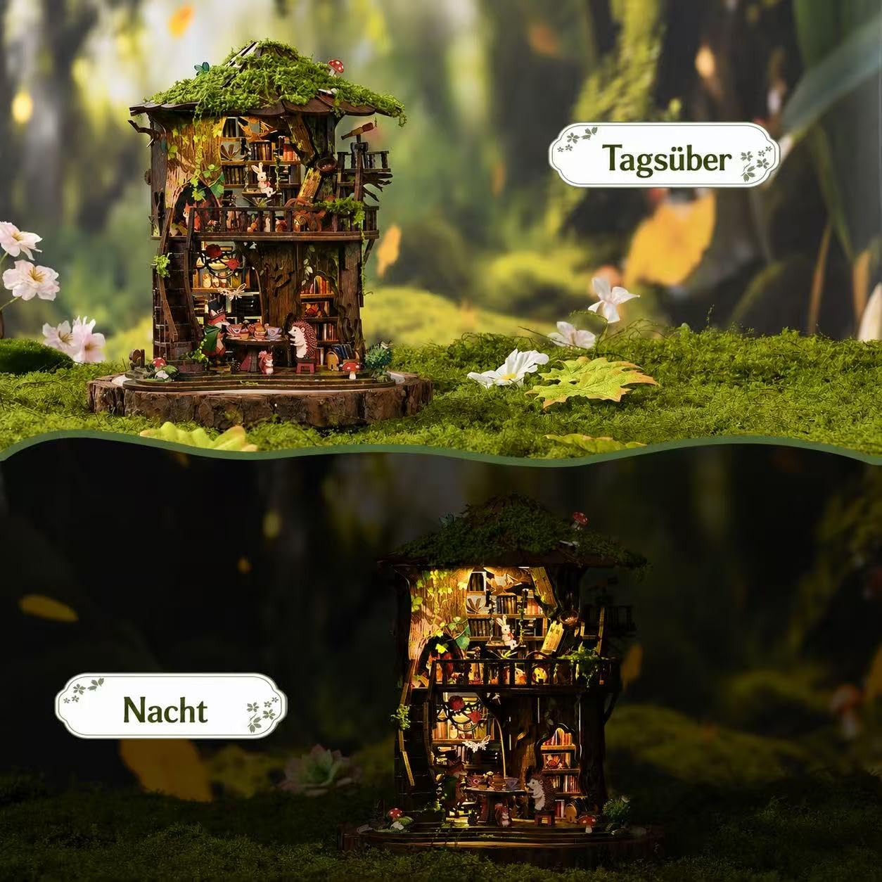 DIY Miniature House Kit, Forest Tea Book Club Fantasy Fairy Forest 3D Wooden Dollhouse with LED Light, Wooden Puzzle Building Model Kit, Stress Relief Creative Craft Gift for Adults Teens