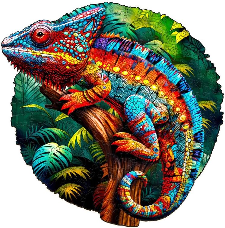 Jigfoxy Wooden Puzzles for Adults, Chameleon Wood Puzzles Adult, Unique Animal Shape Wooden Jigsaw Puzzles, Birthday Gifts for Puzzles Lovers Family Friend (S-8.3 * 8.2in-90pcs)