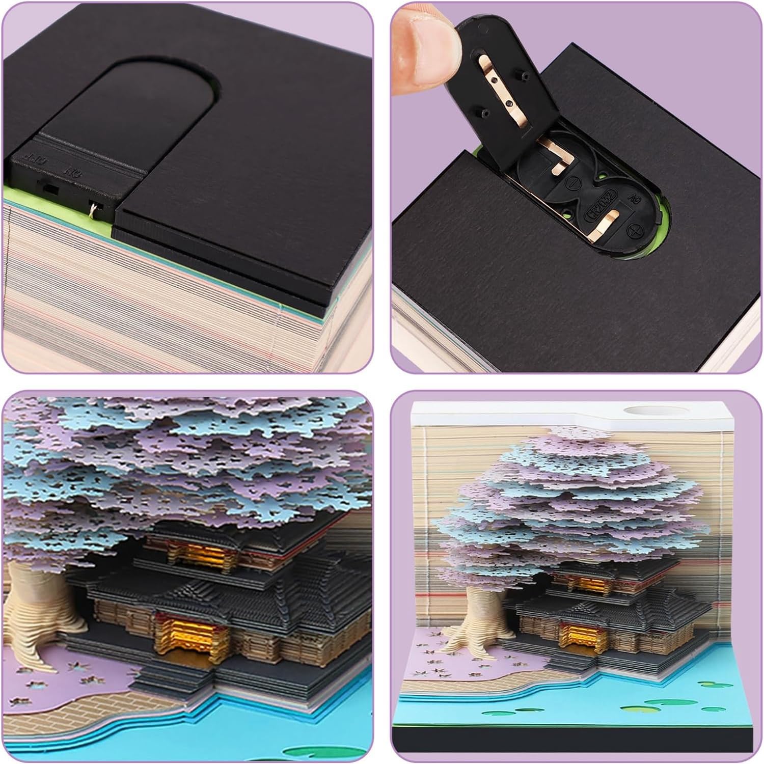 3D-kalender, afscheuren 2024, 3D-notitieblok met licht en penhouder, 2024, tafelkalender, notitieblok, doe-het-zelf notities, 3D-zelfklevende notities, creatieve papiersculptuur