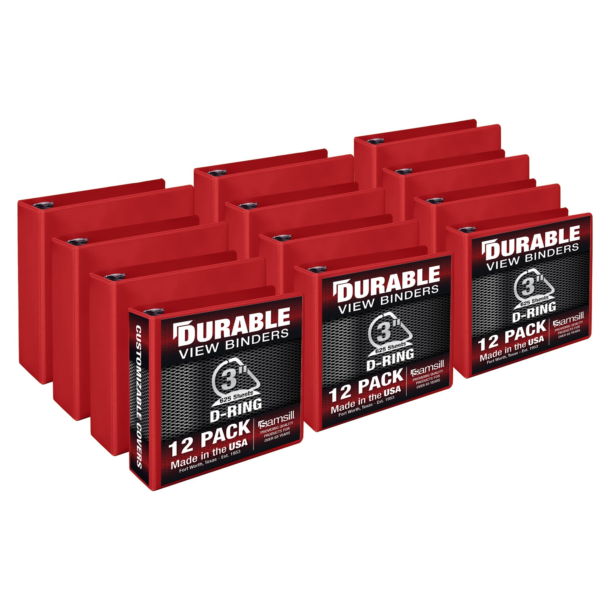 Samsill Durable 3 inch 3 Ring Binder, D Ring Binder, 100% Recycled Chipboard, Red, 12 Pack