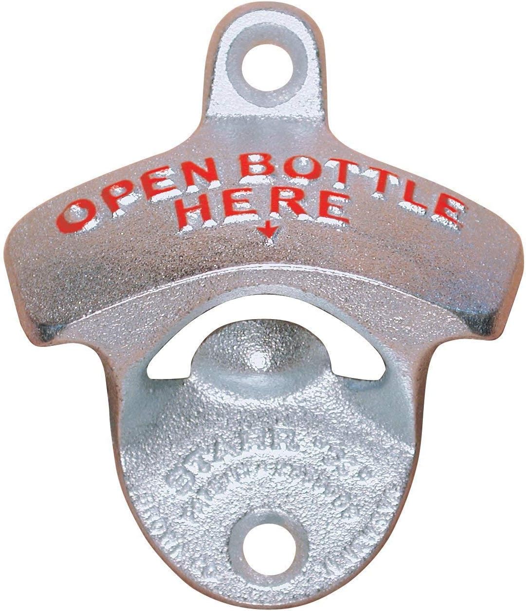 Original Open Here Wall Mounted Bottle Opener, American-Owned Zinc-Plated Cast Iron Bottle Opener with Screws, Vintage-Style Wall Mount for Bar, Garage, Patio, Kitchen, Compact & Easy to Install