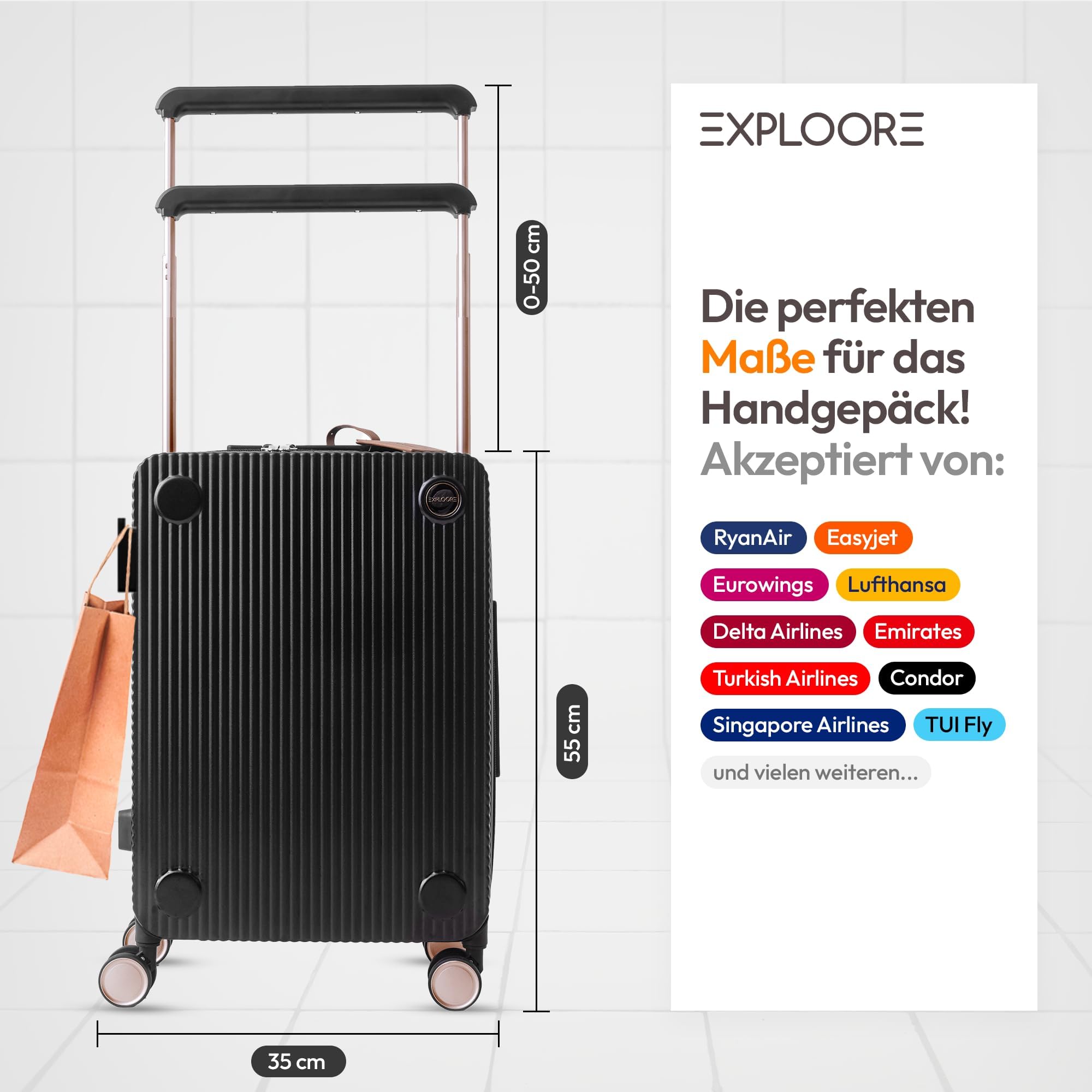 Handgepäck Koffer 55x40x20 cm, Kabinenkoffer Hartschale aus Polycarbonat, Handgepäck Trolley mit TSA Schloss und 4 Rollen, Bordgepäck Reisekoffer, Schwarz/Champagner Rosé